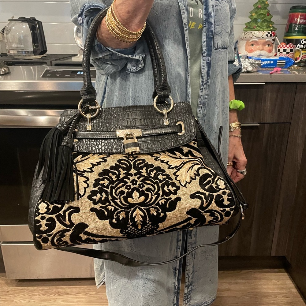 Gorgeous Shariff velvet tapestry leather bag